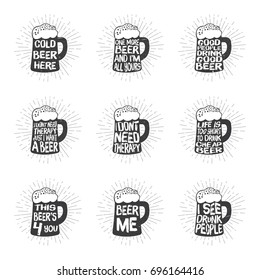 Vintage style beer glass set with typography lettering and heads, bubbles. Editable vector illustration. Isolated background. You can use it with nice photos. typography design.
