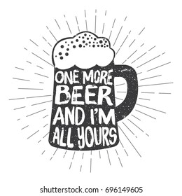 Vintage style beer glass with typography lettering and head, bubbles. Editable vector illustration. Isolated on white background. Typography design.