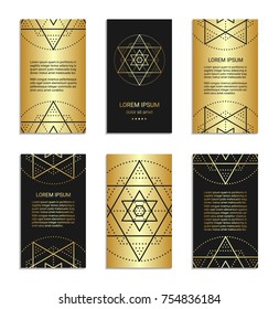 Vintage style black and golden flyer set inspired by sacred geometry. Vertical blanks with sacral geometric signs. Line art brochure pattern. Clipping masks. Ornamental star design leaflet. EPS 10.