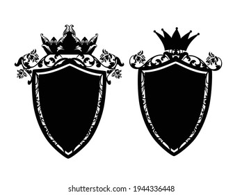 vintage style black and white vector coat of arms design set with royal crown, heraldic shield and rose flowers decor