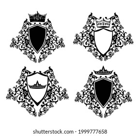 vintage style black and white vector coat of arms design set with royal crown, heraldic shield and rose flower ornament