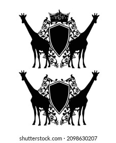 vintage style black and white vector coat of arms design set with two standing african giraffes silhouettes, royal crown, heraldic shield and rose flower ornament