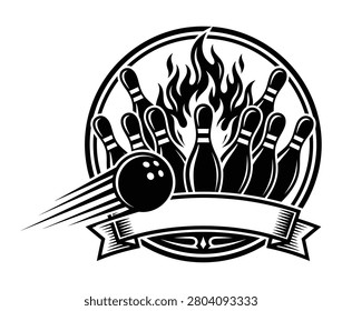 A vintage style black and white vector illustration of bowling pins, a bowling ball, and flames within a circular emblem.