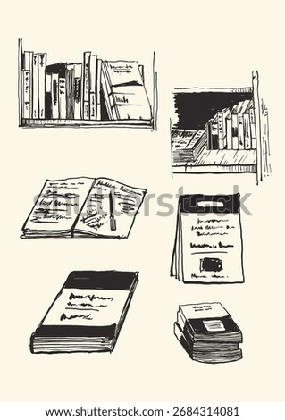 Vintage style black and white vector illustration of books on shelves, stacked books, and open pages with pen, perfect for education and library themes.