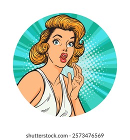 Vintage style blonde woman with a surprised expression, wearing a white sleeveless top. Retro graphic blue background with dots. Perfect for emotions or retro themes