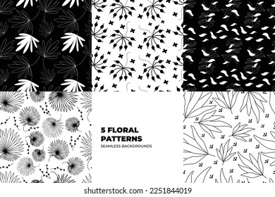 Vintage style blooming flowers and leaves background set. Floral seamless patterns for textile, fashion and wallpapers. Artistic doodles on the colorful backdrops. Russian style vector illustrations. 