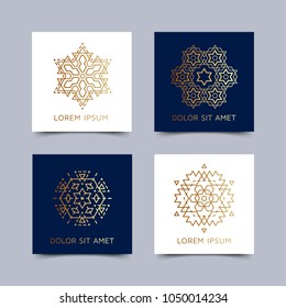 Vintage style blue and white flyer set inspired by sacred geometry. Blanks with golden sacral geometric occult cosmic signs. Line art logo design. Brochure pattern. Ornamental leaflet. EPS 10