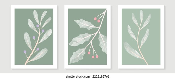 Vintage style botanical foliage wall art template. Collection of hand drawn leaves with green watercolor texture, leaf branch, line art. Poster design for wall decoration, interior, wallpaper, banner.