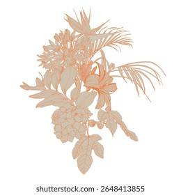 Vintage style bouquet of hand drawn flowers texture, leaf branch, line art. Botanical poster for wall decoration, interior, wallpaper, banner.
