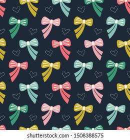 Vintage style bow and heart seamless geometric pattern design. Pretty vector hand drawn repeat with a dark background.