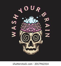 vintage style brainwashing skull illustration on black background