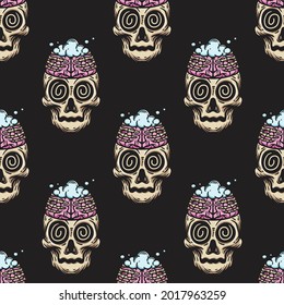 vintage style brainwashing skull seamless pattern on black background