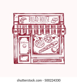 Vintage Style Bread House Facade With Bakery Shop In The Front Of The Window Vector Illustration