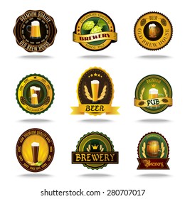 Vintage style brewery cellar bar traditional lager brand beer emblems labels set color abstract isolated vector illustration