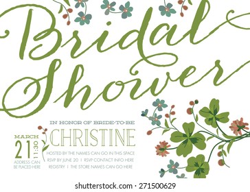 Vintage Style Bridal Shower Invitation With Clover Flowers Template - Vector