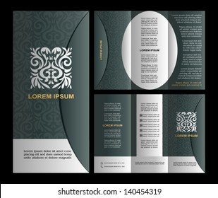 Vintage style brochure template design with modern art elements and ornament, pages layouts in color, classic black, white, turquoise, silver colors and creative solutions for design and decoration