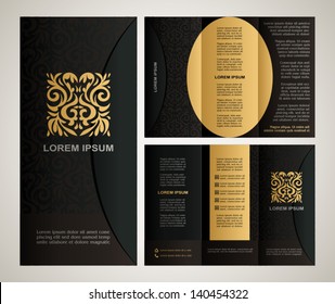 Vintage style brochure template design with modern art elements and ornament, pages layouts in color, classic black, yellow, brown colors and creative solutions for design and decoration