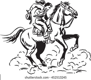 Vintage Style Brush And Ink Sketch Of A Western Cowgirl Riding A Wild Horse