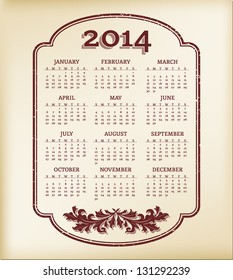 Vintage style calendar template for 2014 year.
