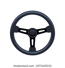 Vintage Style Car Steering Wheel Isolated On White Background. Cartoon Vector Black And Sleek Three-spoke Wheel