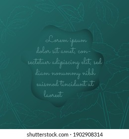 Vintage Style Card with Place for text and Mint Twigs Contours. Freeformed Shape for Text Message Carved on the Background. Vector Illustration with Dark Turquoise Gradients.