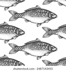 Vintage Style Carp Seamless Pattern. Vector Hand Drawn Fish Background. High Quality Old Fashion Illustration