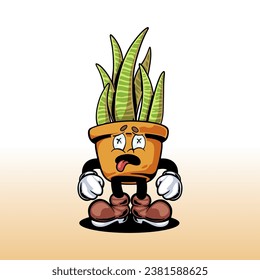 VINTAGE STYLE CARTOON CHARACTER PLANT POT ILLUSTRATION. VECTOR ILLUSTRATION GRADIANT BACKGROUND