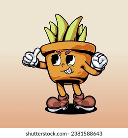 VINTAGE STYLE CARTOON CHARACTER PLANT POT ILLUSTRATION. VECTOR ILLUSTRATION GRADIANT BACKGROUND
