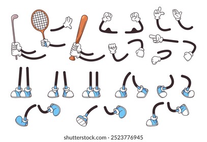 Vintage Style Cartoon Hands and Legs Holding Various Sports Equipment Including Golf Club, Tennis Racket, Baseball Bat