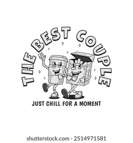 Vintage style cartoon logo of cigarette and coffee cup couple character