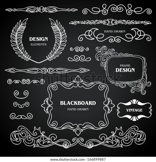 Vintage style chalkboard design elements, set\
of drawing doodles, frames, ornaments,  calligraphic design\
elements, cute decorations, retro decor, creative floral patterns\
template for page\
decoration