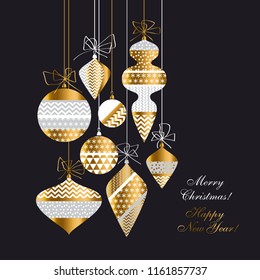 Vintage style Christmas baubles set in white, gold and black colors. Flat simple xmas design for header, card, invitation, poster, cover and other web and print design projects