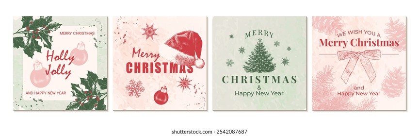 Vintage style Christmas card set with festive elements of holly, pine cones, Santa Claus hat, Christmas tree and holiday typography. Perfect for seasonal greetings, gift tags and social media posts.