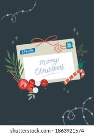 Vintage style christmas envelope decorated with christmas ball, fir branches and cane. Hand-drawn style.