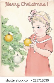 Vintage style Christmas greeting card. A girl decorating a Christmas tree.