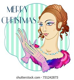 Vintage style Christmas invitation design with beautiful lady. Vector woman`s portrait in Art Deco style isolated. Art Nouveau. 1920s. 1930s. Christmas mood. Perfect template for your New Year design.