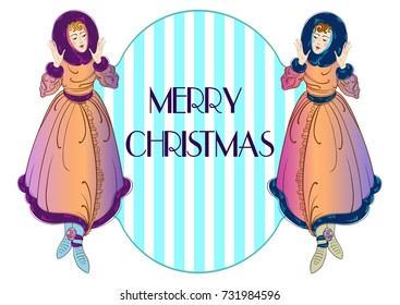 Vintage style Christmas invitation design with beautiful ladies. Holiday party. Art Deco. Modern. Art Nouveau. 1920s. 1930s. Christmas mood. New Year story. Perfect template for your festive design.