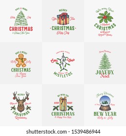 Vintage Style Christmas Logos or Labels Template Bundle. Hand Drawn Deer, Gingerbread Cookie, Pine, Gift boxes, Holly and Mistletoe Sketch Symbols Collection. Retro Typography Holiday Emblems Isolated