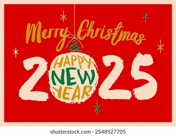 Vintage Style Christmas Postcard. Merry Christmas and Happy New Year 2025! - Editable Vector EPS10 Illustration.