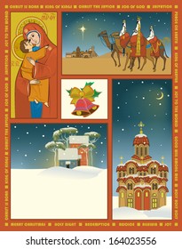 Vintage Style Christmas Poster - Religious Christmas poster with icon of Mother of God, three wise men, church, village and Christmas bells
