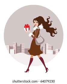 Vintage style christmas shopping vector. Illustration of beautiful fashionable girl with present box