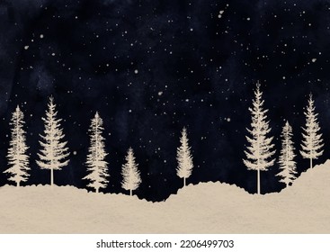 Vintage style Christmas tree background with night landscape 