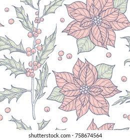 Vintage style Christmas vector seamless pattern with hand drawn holly berries and Poinsettia 