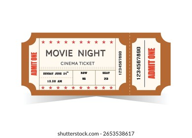 Vintage style cinema ticket featuring bold brown and white colors.
