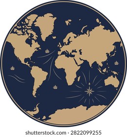 Vintage style circular map featuring beige continents on a dark blue background, with small sailing, ships and compass rose