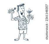 Vintage Style Clip Art - Casually dressed man, on summer vacation, drinking a cocktail - Vector EPS10 Illustration.