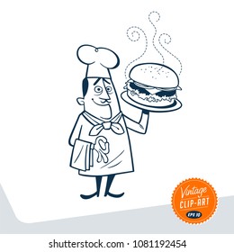 Vintage Style Clip Art - Chef With Large Hamburger - Vector EPS10.