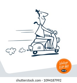 Vintage Style Clip Art - Happy Man fährt einen Scooter in der Stadt - Vector EPS10.