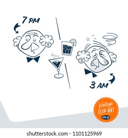 Vintage style clip art - Man perfectly sober earlier in the evening, and completely drunk late in the night - Vector EPS10