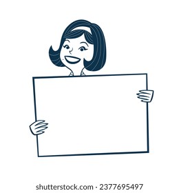 Vintage style clip art of a woman holding a blank sign.Vector EPS10